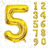 40 Inch Gold Number Balloons, Helium Mylar Foil Number Balloons for Birthday, Number 5 Balloon for 5st Birthday Decorations for Kids, Anniversary Party Decorations Supplies