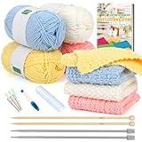 Aeelike Knitting Kit for Beginners, Complete Beginner Knitting Kit Easy Knitting Set Including Knitting Needles Set Cotton Yarn, Learn to Knit Dishcloth with Step-by-Step Instructions, Colorful
