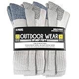 HOT FEET 4 Pack Work Socks for Men & Women - Breathable Boot Hiking Socks, Moisture Wicking Thick Wool Socks, Sizes 6-12.5, Man, Gray & Blue