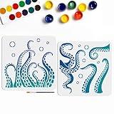 MAYJOYDIY 2pcs Octopus Tentacles Stencil 11.8×11.8inch Summer Sea Life Painting Stencils with Paint Brush Sea Creatures Bubbles Drawing Template for Bathroom Home Decor Walls Furniture