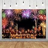 10x8ft Vinyl XMJJKUF Happy New Year Backdrop Colorful Firework River Bridge Nightscape Background New Year Eve Party Portrait Photo Studio Props