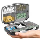 Travel Pill Organizer - Airtight Medicine Case for Traveling Portable Pharmacy Box with Labels Vitamin Container 8 Compartment Supplement Medication Holder Large Capacity Daily (Black)