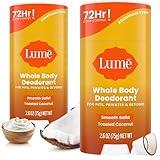 Lume Whole Body Deodorant - Smooth Solid Stick - 72 Hour Odor Control - Aluminum Free, Baking Soda Free and Skin Safe - 2.6 Ounce (Pack of 2) (Toasted Coconut)