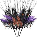 Halloween Flower Branches 16" Glitter Leaves Picks Artificial Berries Stems Fall Sprays Fake Twigs for Halloween Haunted House Gothic Tree Topper Vase Fillers Home Party Decor, Pack of 4 (Berries)