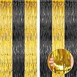 2 Pack New Years Eve Party Supplies, 3.28 FT x 7.05 FT Tinsel Backdrop, Black and Gold Foil Fringe Curtains, Metallic Party Treamers, 2025 Happy New Year Backdrop Black and Gold Party Decorations