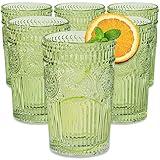 Vintage Ribbed Green Drinking Glasses Set of 6-13 oz Embossed Glass Cups for Water, Iced Tea, Cocktails - Colored Glassware for Kitchen, Vintage Tumblers, Cute Glass Cups, Boho Drinkware