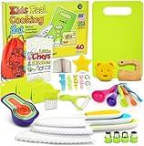 40Pcs Kids Knife set for Real Cooking - Montessori Kitchen Tools for Toddlers - Safe Kitchen Tools and Accessories with Recipes Book, Cutting Board and Knife set - Kids Knives and Cooking Utensils Kit