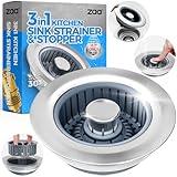 Upgraded 3in1 Kitchen Sink Drain Strainer & Sink Stopper, Stainless Steel Kitchen Drain Plug & Sink Installation Parts with Anti-Clogging Basket, Fit US Standard 3-1/2'' Sink Drain Hole, Silver