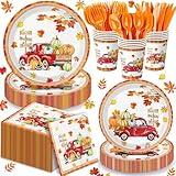 168Pcs Fall Paper Plates and Napkins Pumpkin Trucks Disposable Tableware Paper Plates, Napkins, Cups, Cutlery for Fall Thanksgiving Party Decorations, Serves 24