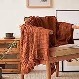 Simple&Opulence Cotton Muslin Throw Blanket for Bed, Couch, Knit Woven Gauze Blanket with Tassels, Soft Lightweight Cozy Pre-Washed Breathable Farmhouse Decoration for All-Season (Rust Orange)