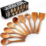 Zulay Kitchen 9-Piece Teak Wooden Utensils for Cooking - Smooth Finish Natural Teak Utensil Set - Non-Stick Wooden Spoons for Cooking - Kitchen Gift Set - Comfortable Grip Wooden Utensil Set