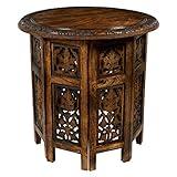 COTTON CRAFT Solid Wood Accent End Table - Hand Carved Vintage Boho Folding Side Table - Small Spaces Entryway Farmhouse Living Room Bedside - No Tools Assembly -18x18 Round - Jaipur Antique Brown