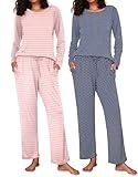 Ekouaer 2 Pack Women's Pajama Set Soft Long Sleeve Sleepwear Loungewear Pjs Sets with Pockets,Large