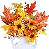 Winlyn 8 Pcs Fall Harvest Artificial Maple Leaf Stems Fall Picks and Sprays with Orange Pumpkins Sunflower Heads Pine Cones Berries 13" for Thanksgiving Autumn Wedding DIY Wreath Floral Arrangements