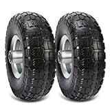 (2 Pack) 10 Inch Solid Polyurethane Tire 4.10/3.50-4 Tire, 10" Flat Free Wheels with 5/8" Bearings, 2.2" Offset Hub for Garden Cart, Hand Truck, Lawn Cart, Mower