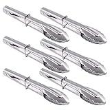 HINMAY Mini Stainless Steel Food Tongs with Silding Rings 7-Inch - Set of 6 - Small Clam Shell Service Tongs for Serving Appetizers, Desserts, Salads, Barbecue and Cooking (Silver)