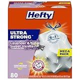 Hefty Ultra Strong 13 Gallon Trash Bags, Tall Kitchen Trash Bags 13 Gallon Size, Drawstring Closure, Continuous Odor Control, White, Lavender and Sweet Vanilla Scent, 80 Bags