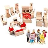 5 Set Dollhouse Furniture Accessories Wooden Bathroom/Living Room/Dining Room/Bedroom/Kitchen House 6 Family Doll Decoration Pretend Play Kids Christmas Birthday Gifts for Girls Toys 40 Pcs