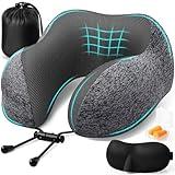 ExploreBliss Travel Pillow, Travel Pillows for Sleeping Airplane, Removable Cover Neck Pillow with Adjustable Clasp, Memory Foam Neck Pillow Set with Eye Mask, Earplugs and Storage Bag (Dark Grey)