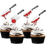 Halloween Cupcake Toppers with Knife Picks - 36 Pack Horror Party Decorations for Bloody Birthday, Scary Cocktail, Baking Supplies