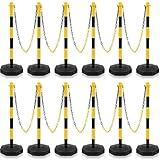 Traffic Delineator Post Cone, Plastic Stanchion Post Set Crowd Control Stands Barrier with 6.6 ft Link Chain and S Hooks for Parking Lot Construction Caution Roads, Yellow, Black (12 Sets)