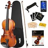 Mendini By Cecilio Violin 4/4 Full Size For Beginners - Fiddle Solidwood Kit with Hard Case - Acoustic Violins with Bow, Rosin, Tuner, Extra Strings & Bridge, Shoulder Rest and Lesson Book