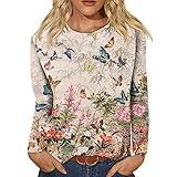 Long Sleeve Shirts for Women,Women's Fashion Casual Round Neck Cute Vintage Print Graphic Tees Blouses Plus Size Basic Summer Tops for Women Sexy Going Out Tops for Women Y2K Custom Shirt(Khaki,L)