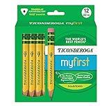 Ticonderoga My First Short Triangular Wood-Cased Pencils, #2 HB Soft, With Erasers, Yellow, 12 Count