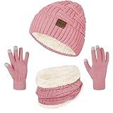 Loritta 3-Pieces Winter Hat Neck Warmer Touchscreen Gloves Set Knit Thick Scarf Beanie Hat Scarves Set Gifts for Women, N-Pink