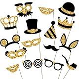 Premium Birthday Photo Booth Props Kit, 16 Black & Gold (No Glitter), Durable & Easy-to-Use Photobooth Props Signs for Memorable Photos & Unforgettable Celebrations by PixiPy