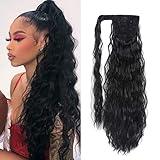 Corn Wave Ponytail Extension Clip in - 22 Inch Long Wavy Curly Wrap Around Pony Tail Heat Resistant Synthetic Hairpiece for Women (Natural Black #1B)
