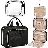 BAGSMART Toiletry Bag Hanging Travel Makeup Organizer with TSA Approved Transparent Cosmetic Bag Makeup Bag for Full Sized Toiletries, Medium-Black