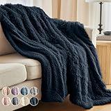 The Connecticut Home Co Throw Blanket for Couch, Soft Luxury Home Decor Shag and Sherpa, Cozy Warm Throws for Bed, Gift for Women, Bedding Accent Blankets for Sofa Beds Chair, 65x50, Navy Blue