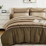 WONGS BEDDING 7 Pieces Comforter Set King Size, Brown Striped Bed in a Bag Comforter and Sheet Set, Bohemian Soft Lightweight Micorfiber Bedding Set for All Season (90"×104")