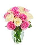 KaBloom PRIME NEXT DAY DELIVERY - Fall Collection - Embrace of Peace Bouquet of 6 Pink Rose 6 White Rose With Vase.Gift for Birthday,Thank You, Valentine, Mother’s Day Fresh Flowers