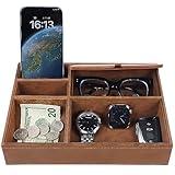 Zcaukya Men's Valet Tray, Jewelry Box Nightstand Organizer with 5 Compartments for Phone Keys Wallet Watch Glasses, Faux Leather Dresser Entryway Catchall Holder for Father's Day Gift (Brown)