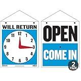 BAZIC Open Sign 7.5"x9", Clock Will Return Will be Back, Double Sides Plastic Vinyl Signs, Business Store Office Bars Retail Salon Shop, 2-Pack