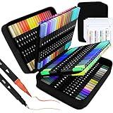 Sunacme Art Supplier Dual Brush Markers Pens, 110 Artist Coloring Marker Set, Fineliner & Brush Tip Pen with Premium Case for Adults Coloring Books & Kids Journal, Drawing, Doodlin