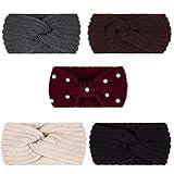 Whaline 5 Pieces Winter Knit Headbands Chunky Knit Headbands,4 Elastic Turban Head Wraps and 1 Pearl Crochet Hair Band, Ear Warmer Crochet Head Wraps for Women Girls (Autumn&Winter Colors)