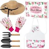 A1diee Mom Garden Tool with Box-Hand Rake Transplanter Apron Trowel Straw Hat Planting Gloves Gardening Set Outdoor Horticulture Starter for Best Mother in Law Plant Lover (Pink)