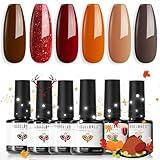Modelones Gel Nail Polish Set, 6 Colors 2025 Thanksgiving Nude Brown Burnt Orange Glitter Gel Polish Dark Red Wine Burgundy Maroon Nail Polish Soak Off Fall Winter Nail Art Manicure Kit DIY Salon Gift