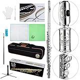 Rhythm C Flutes with Engraved Flower Closed Hole 16 Keys Flute For Student, Beginner with Stand, Carrying Case,Cleaning Kit, Gloves, Tuning Rod, Nickel