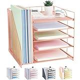 LEKETREE Desk Organizers and Accessories, 5-Tier Paper Letter Tray Organizer with File Holder, Desktop Organizer for Office Supplies, Office Desk Accessories & Workspace (Rose Gold)