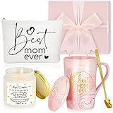 Lallisa 4 Pcs Appreciation Gifts Box Set for Best Mom Ever Mother in Law Grandmom Coffee Mug Cup with Lid Lavender Scented Candles and Makeup Bags for Birthday Gifts from Daughter Son(Mom)