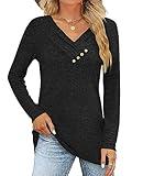 FMEYOA Women's Fall Long Sleeve Tunic Tops for Leggings V Neck Button Casual Blouse Sweatshirt(Black,X-Large)