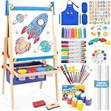 Art Easel for Kids Easel for Toddlers, Adjustable Wooden Kids Drawing Easel with Magnetic Whiteboard & Chalkboard, Kids Dry Erase Board, Easel for Kids Ages 3 4-8 9-12, Blue w/Bag