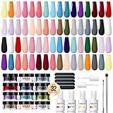 MEFA Dip Powder Nail Kit Pink Blue Purple White Black Red 32 Multi-Colors Dipping Powder with Base Top Coat Activator Brush Saver Liquid Set, Classic All Seasons Tones French Nail Art Manicure Salon