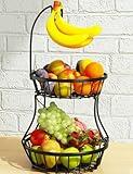 2-Tier Fruit Basket Bowl Stackable Vegetable Storage with Banana Tree Hanger Stand for Kitchen Countertop, Metal Wire Basket for Bread Onions Potatoes Black