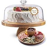 Acacia Wood Christmas Cake Stand with Lid - 12in Round Holder, Thanksgiving and Christmas Hosting Essential, 2-in-1 Dessert Display & Charcuterie Board for Cheese, Chips Dips, Large Acrylic Dome Cover