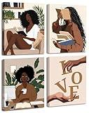 African American Books Wall Art Prints,Framed Black Girl Reading Canvas Poster,Book Lover Painting Artwork,Modern Black Woman With Book Art Wall Decor for Bedroom Living Room,Set of 4(8"X10"